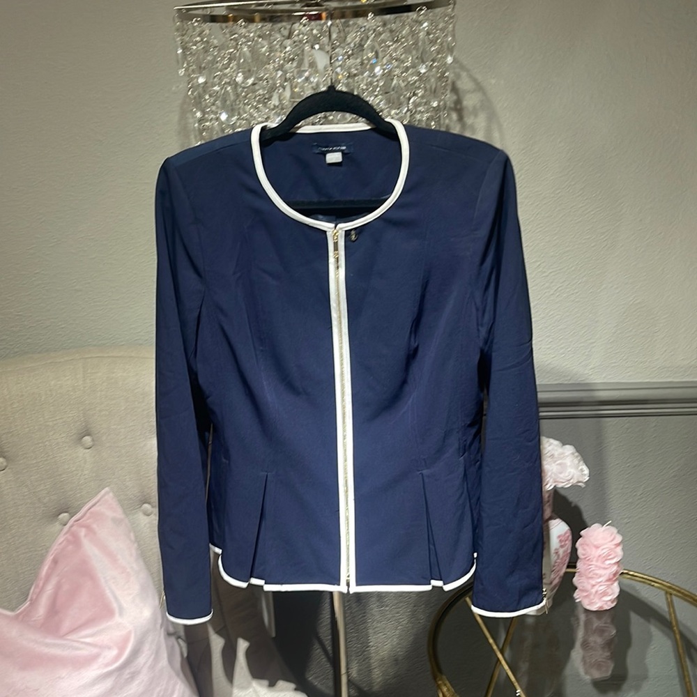 Tommy hilfilger Navy Peplum Blazer Jacket with Gold Zipper and white trim